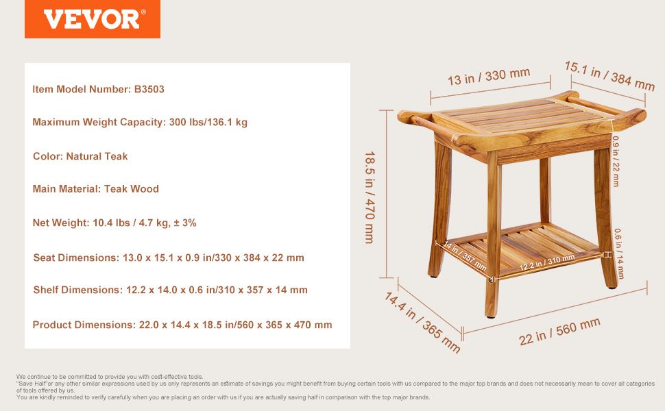 VEVOR Teak Shower Bench 22 x 14.4 x 18.5 in Wood Shower Stool Chair for Bathroom