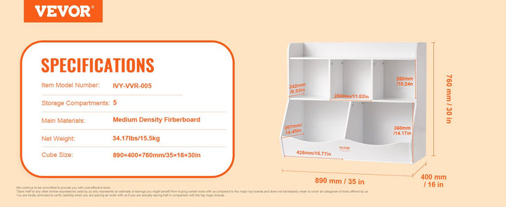 VEVOR Wood Kid Storage Cubby, Toy Storage Organizer with Bookshelf, 5-Cubby Wood Toy Storage Cabinet, Children Book Toy Shelf for Kids Room, Playroom, Kindergarten, Nursery, White