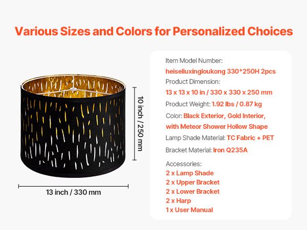 Drum Lamp Shade 2 Set 13 x 13 x 10 inches Medium Round Lampshade with Harp