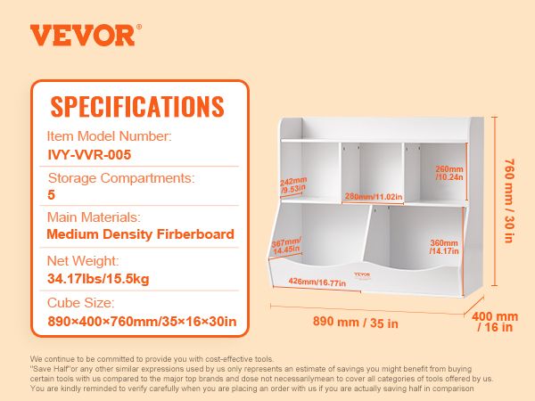 VEVOR Wood Kid Storage Cubby, Toy Storage Organizer with Bookshelf, 5-Cubby Wood Toy Storage Cabinet, Children Book Toy Shelf for Kids Room, Playroom, Kindergarten, Nursery, White