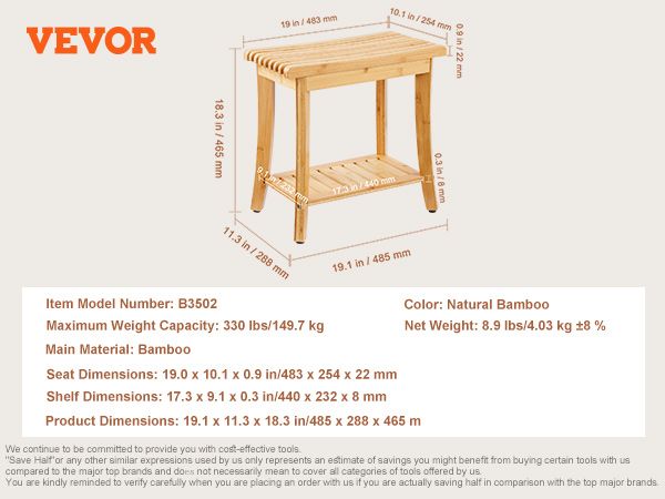 VEVOR Bamboo Shower Bench 19.1 x 11.3 x 18.3 in Shower Stool Chair for Bathroom