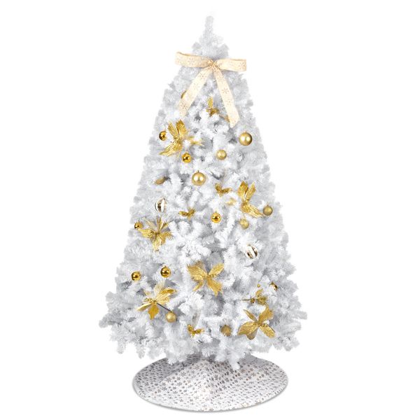 7.5 FT Artificial Christmas Tree with DIY 400 Warm White LED Lights, Hinged Xmas Pine Tree with Tree Skirt and Holiday Ornaments for Holiday Party Office Home, White Tree & Golden Decor