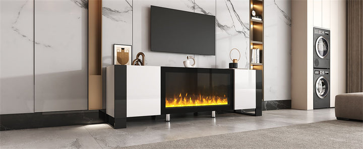 ON-TREND Modern TV Stand with 34.2" Non-heating Electric Fireplace, High Gloss Entertainment Center with 2 Cabinets, Media Console for TVs up to 78", Whit