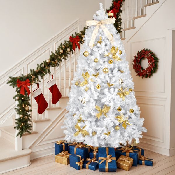 7.5 FT Artificial Christmas Tree with DIY 400 Warm White LED Lights, Hinged Xmas Pine Tree with Tree Skirt and Holiday Ornaments for Holiday Party Office Home, White Tree & Golden Decor