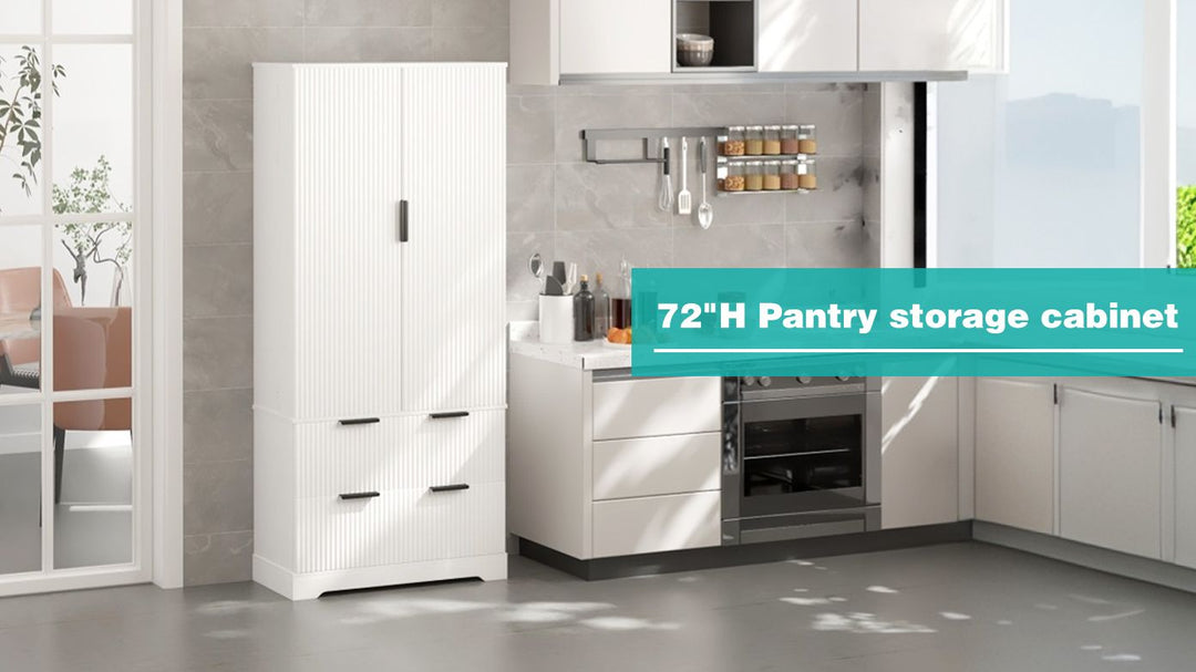 72" Modern Fluted Kitchen Pantry Cabinet with 2 Large Drawers & 8-Door Spice Rack, Freestanding Storage Organizer for Bathroom, Dining Room, Office, Entryway, White
