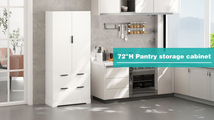 72" Modern Fluted Kitchen Pantry Cabinet with 2 Large Drawers & 8-Door Spice Rack, Freestanding Storage Organizer for Bathroom, Dining Room, Office, Entryway, White