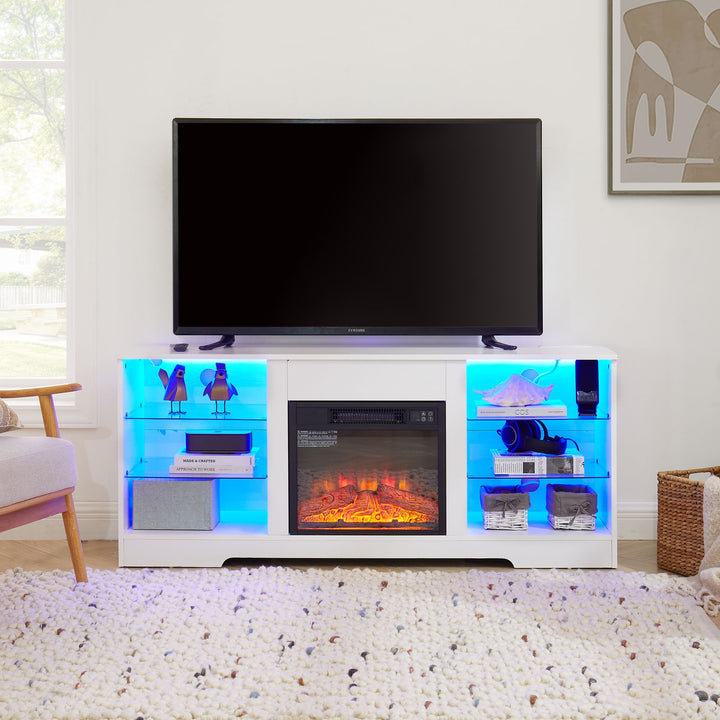 TV Stand Electric Fireplace TV Stand with Glass Shelves, 3D Fireplace TV Stand with LED Lights Wood with USB Charging Outlet Modern Television Table Center for TV up to 32-62" White 58''W*15.5''D*24.4