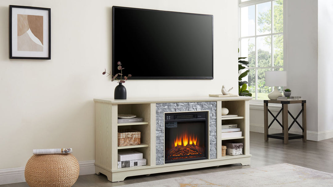 Mantel Electric Fireplace Stone TV Media Stand, Open Storage Modern Entertainment Console Space with 18" Fireplace Insert, White, 58.31"W*15.39"D*26.06"H