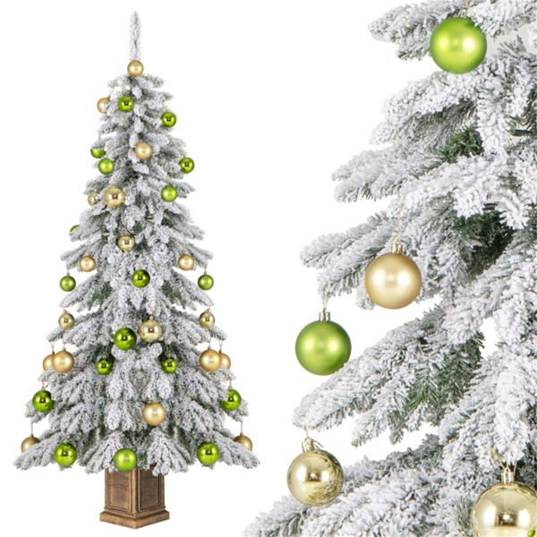 6ft Flocked Christmas Tree with 589 Branch Tips - Snow-Laden Design, 48 Xmas Balls Included, Fireproof PVC Material
