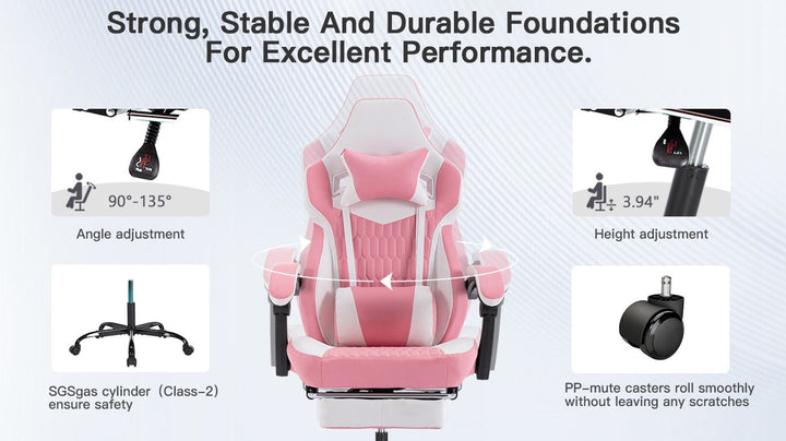 Gaming Chair with Footrest, High Back Gaming Chairs PVC Leather Ergonomic Gamer Chair with Adjustable Headrest Lumbar Support Racing Style Video Gaming Chair for Office/Home (Pink)