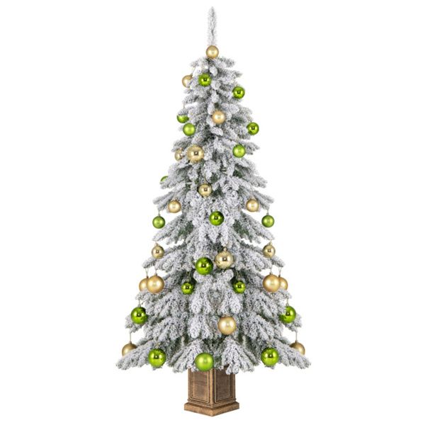 6ft Flocked Christmas Tree with 589 Branch Tips - Snow-Laden Design, 48 Xmas Balls Included, Fireproof PVC Material