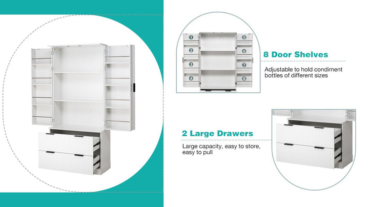 72" Modern Fluted Kitchen Pantry Cabinet with 2 Large Drawers & 8-Door Spice Rack, Freestanding Storage Organizer for Bathroom, Dining Room, Office, Entryway, White