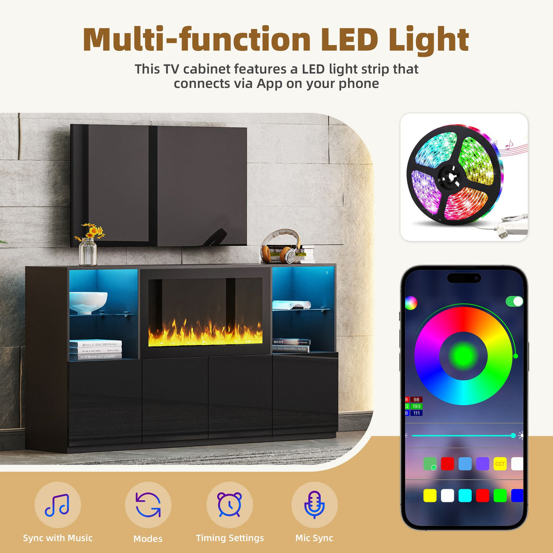 ON-TREND Modern TV Stand with 34.2" Non-heating Electric Fireplace, High Gloss Entertainment Center with LED Lights, Media Console with Tempered Glass Shelves for TVs up to 75", Black