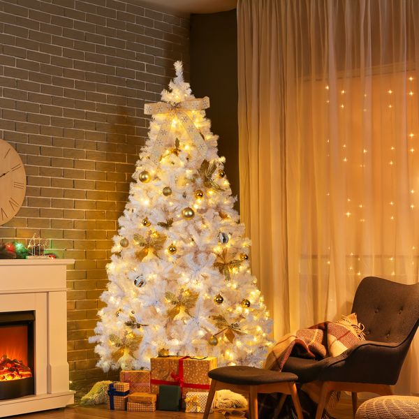 7.5 FT Artificial Christmas Tree with DIY 400 Warm White LED Lights, Hinged Xmas Pine Tree with Tree Skirt and Holiday Ornaments for Holiday Party Office Home, White Tree & Golden Decor