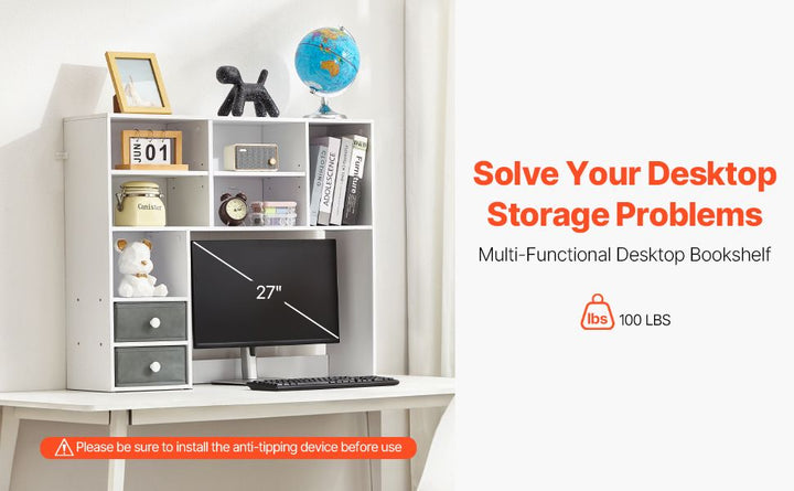 Desktop Bookshelf, 3-Tier Desktop Storage Organizer, 37" x 10" x 31.1" Office Storage Rack Wood Display Shelf, Desktop Bookshelf Hutch with Two Fabric Drawers, for Office, Home & Dorm, White