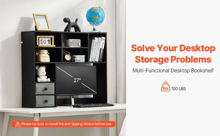 VEVOR Desktop Bookshelf, 3-Tier Desktop Storage Organizer, 37" x 10" x 31.1" Office Storage Rack Wood Display Shelf, Desktop Bookshelf Hutch with Two Fabric Drawers, for Office, Home & Dorm, Black