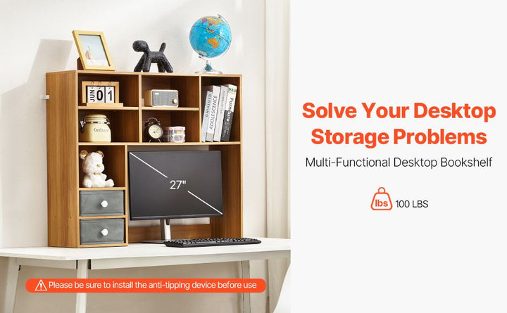 VEVOR Desktop Bookshelf, 3-Tier Wood Desktop Storage Organizer, 37" x 10" x 31.1" Office Storage Rack Wood Display Shelf, Desktop Bookshelf Hutch with Two Fabric Drawers, for Office, Home & Dorm