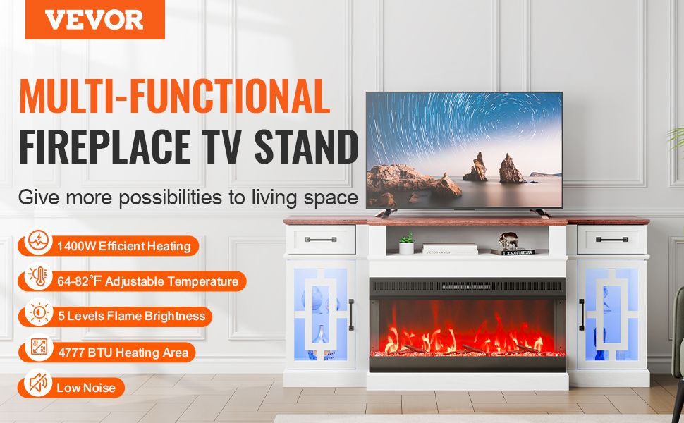 VEVOR 80 in Fireplace TV Stand 20 LED Lights Remote Control & Timer Brown+White