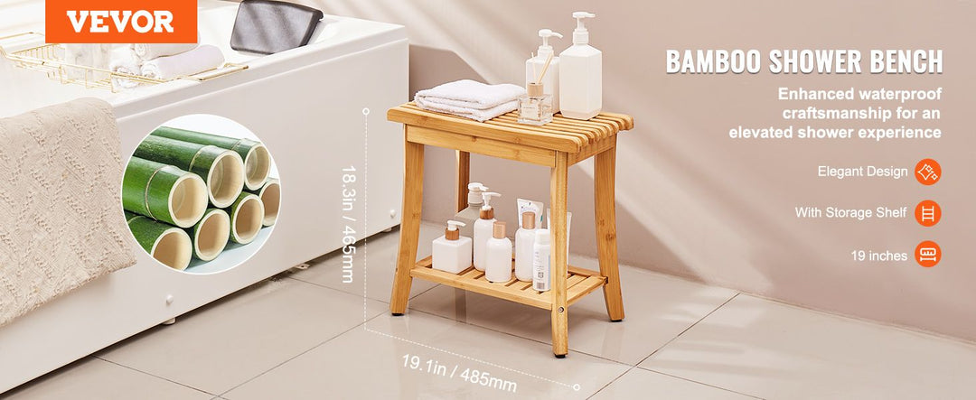 VEVOR Bamboo Shower Bench 19.1 x 11.3 x 18.3 in Shower Stool Chair for Bathroom