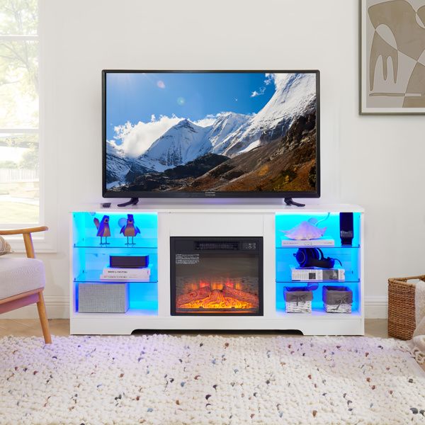 TV Stand Electric Fireplace Glass Shelves, 3D Fireplace TV Stand with LED Lights Wood with USB Charging Outlet Modern Television Table Center for TV up to 62" White, 58''W*15.5''D*24.4