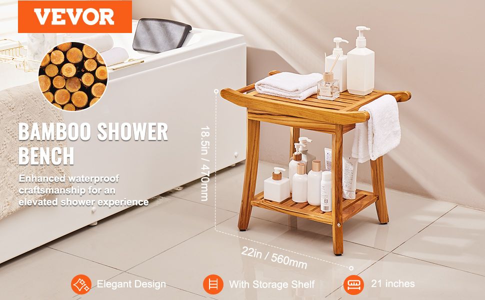 VEVOR Teak Shower Bench 22 x 14.4 x 18.5 in Wood Shower Stool Chair for Bathroom