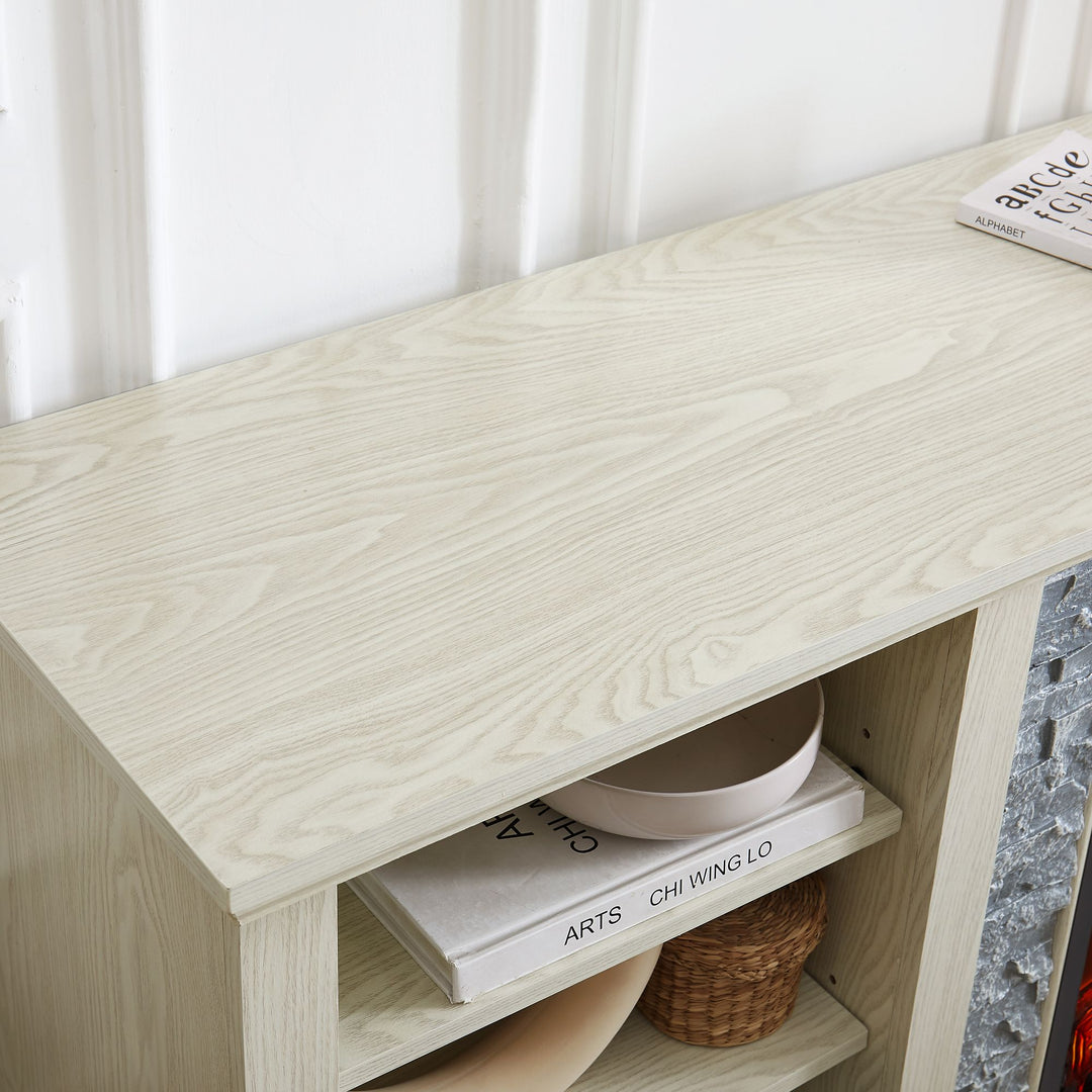 Mantel Electric Fireplace Stone TV Media Stand, Open Storage Modern Entertainment Console Space with 18" Fireplace Insert, White, 58.31"W*15.39"D*26.06"H