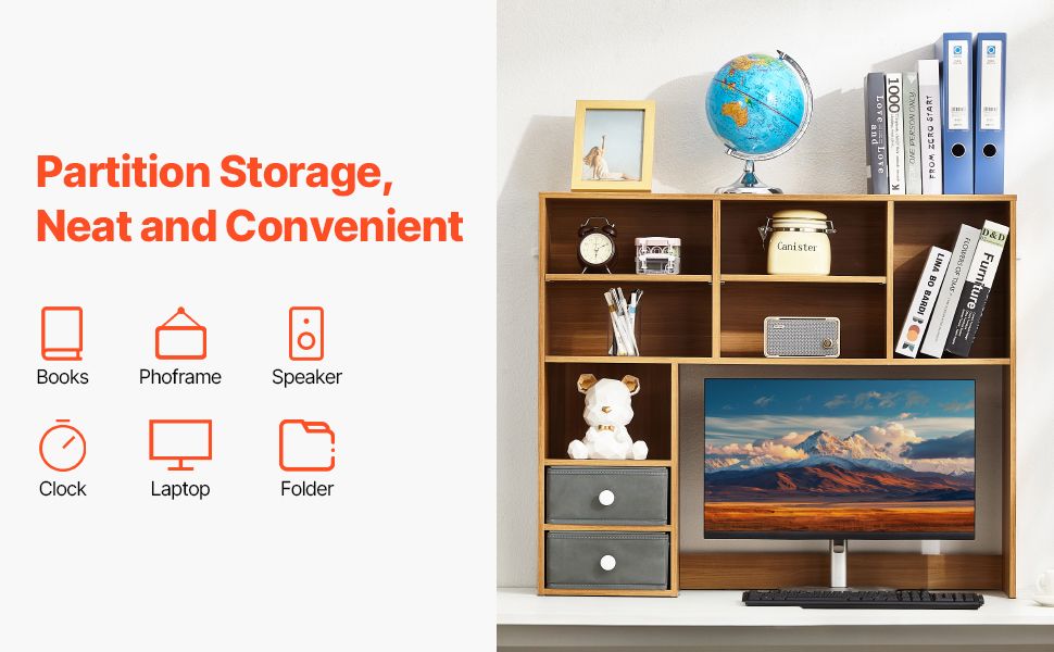 VEVOR Desktop Bookshelf, 3-Tier Wood Desktop Storage Organizer, 37" x 10" x 31.1" Office Storage Rack Wood Display Shelf, Desktop Bookshelf Hutch with Two Fabric Drawers, for Office, Home & Dorm