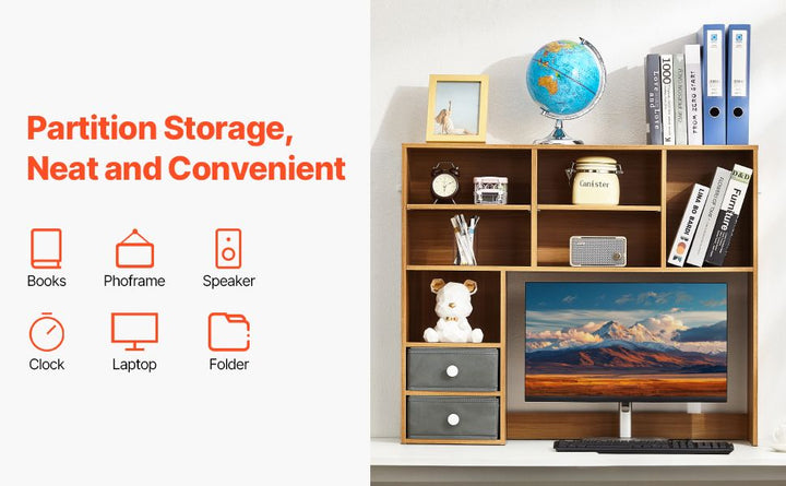 VEVOR Desktop Bookshelf, 3-Tier Wood Desktop Storage Organizer, 37" x 10" x 31.1" Office Storage Rack Wood Display Shelf, Desktop Bookshelf Hutch with Two Fabric Drawers, for Office, Home & Dorm