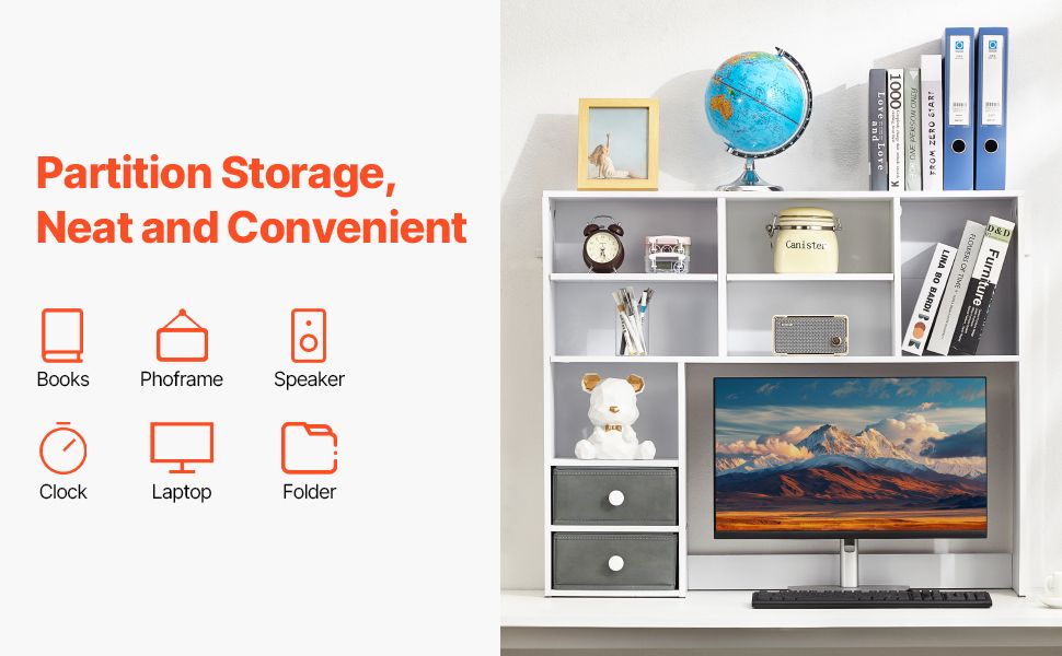 Desktop Bookshelf, 3-Tier Desktop Storage Organizer, 37" x 10" x 31.1" Office Storage Rack Wood Display Shelf, Desktop Bookshelf Hutch with Two Fabric Drawers, for Office, Home & Dorm, White