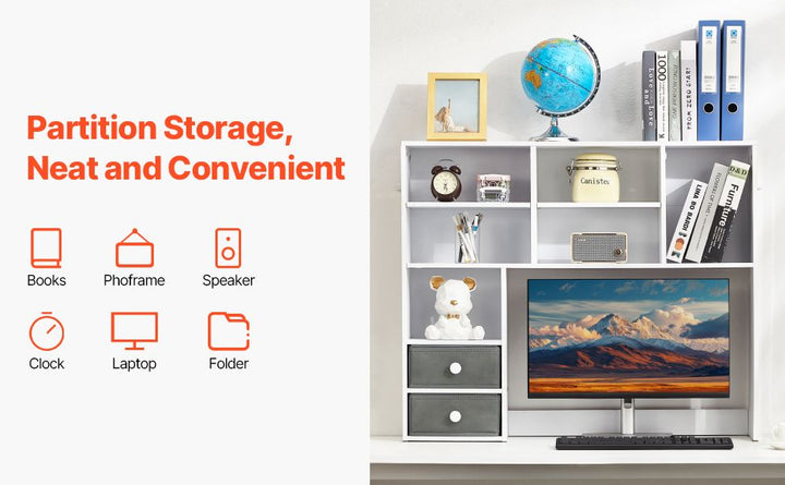 Desktop Bookshelf, 3-Tier Desktop Storage Organizer, 37" x 10" x 31.1" Office Storage Rack Wood Display Shelf, Desktop Bookshelf Hutch with Two Fabric Drawers, for Office, Home & Dorm, White