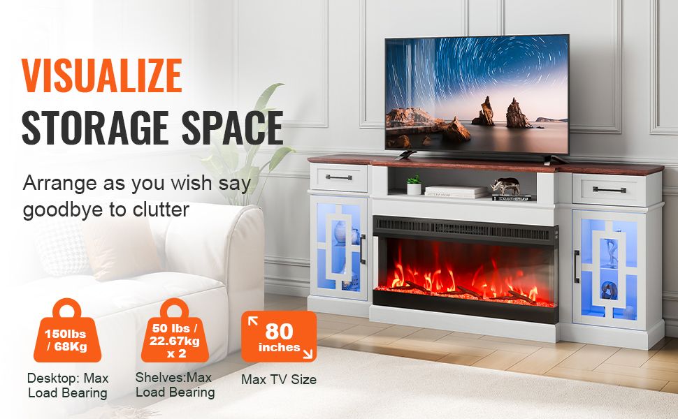 VEVOR 80 in Fireplace TV Stand 20 LED Lights Remote Control & Timer Brown+White