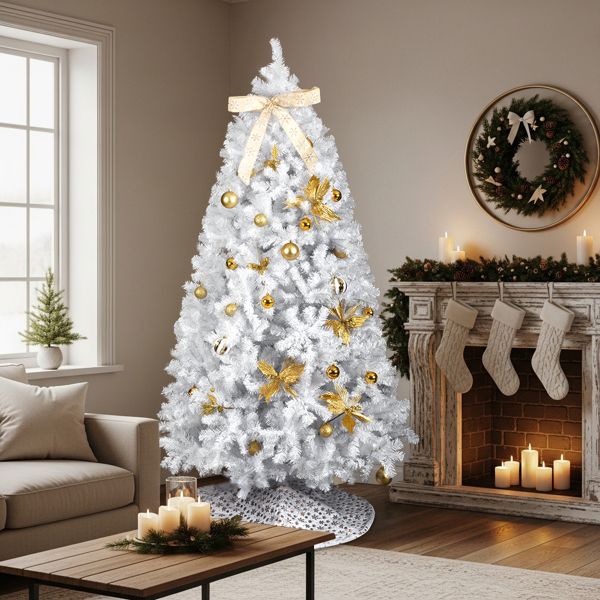 7.5 FT Artificial Christmas Tree with DIY 400 Warm White LED Lights, Hinged Xmas Pine Tree with Tree Skirt and Holiday Ornaments for Holiday Party Office Home, White Tree & Golden Decor