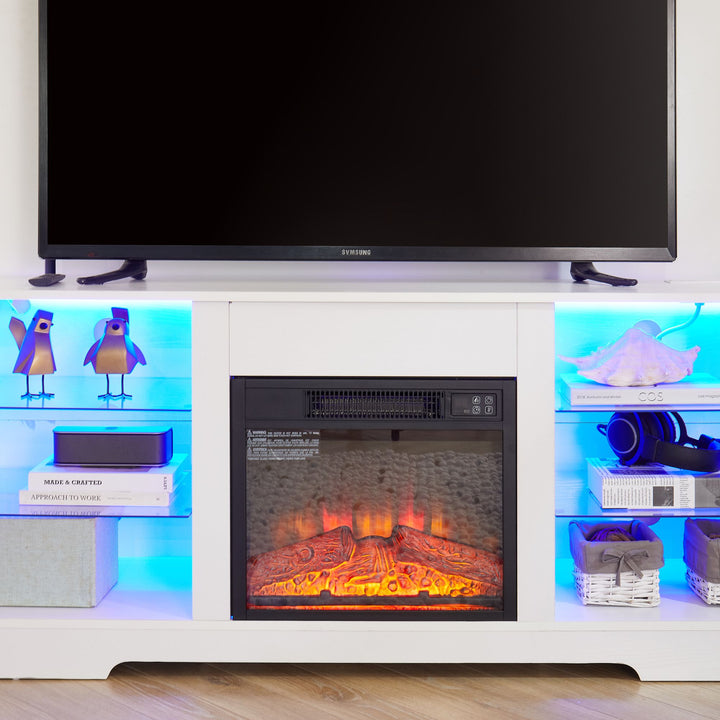 TV Stand Electric Fireplace TV Stand with Glass Shelves, 3D Fireplace TV Stand with LED Lights Wood with USB Charging Outlet Modern Television Table Center for TV up to 32-62" White 58''W*15.5''D*24.4