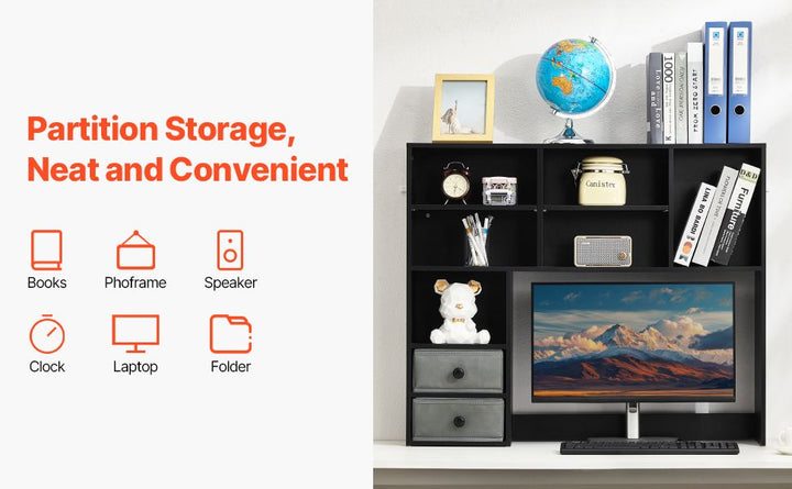 VEVOR Desktop Bookshelf, 3-Tier Desktop Storage Organizer, 37" x 10" x 31.1" Office Storage Rack Wood Display Shelf, Desktop Bookshelf Hutch with Two Fabric Drawers, for Office, Home & Dorm, Black