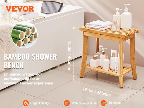 VEVOR Bamboo Shower Bench 19.1 x 11.3 x 18.3 in Shower Stool Chair for Bathroom