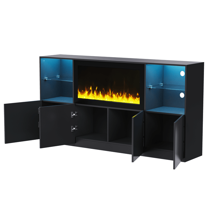 ON-TREND Modern TV Stand with 34.2" Non-heating Electric Fireplace, High Gloss Entertainment Center with LED Lights, Media Console with Tempered Glass Shelves for TVs up to 75", Black