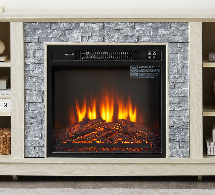 Mantel Electric Fireplace Stone TV Media Stand, Open Storage Modern Entertainment Console Space with 18" Fireplace Insert, White, 58.31"W*15.39"D*26.06"H