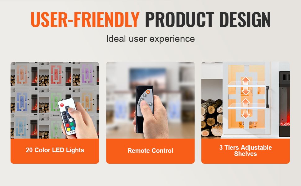 VEVOR 80 in Fireplace TV Stand 20 LED Lights Remote Control & Timer Brown+White