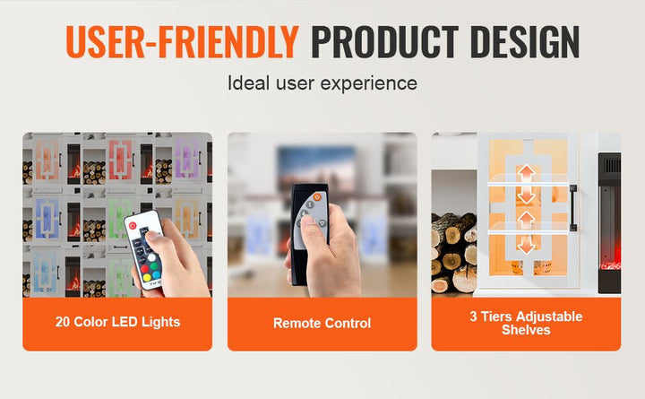 VEVOR 80 in Fireplace TV Stand 20 LED Lights Remote Control & Timer Brown+White