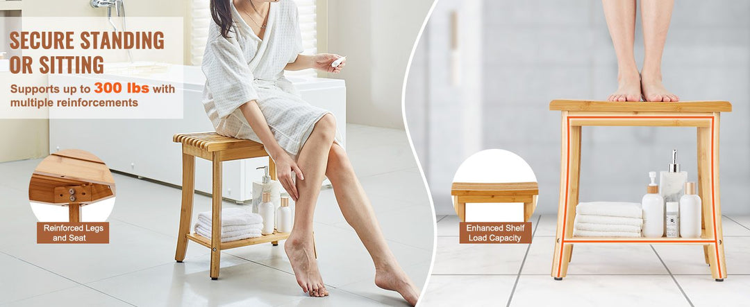 VEVOR Bamboo Shower Bench 19.1 x 11.3 x 18.3 in Shower Stool Chair for Bathroom