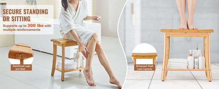 VEVOR Bamboo Shower Bench 19.1 x 11.3 x 18.3 in Shower Stool Chair for Bathroom
