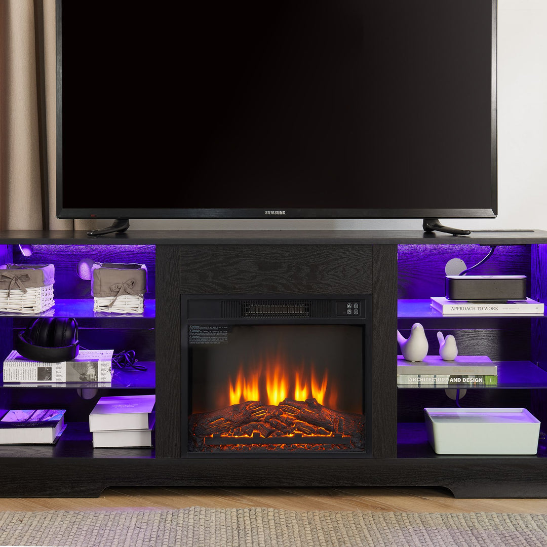 TV Stand Electric Fireplace TV Stand with Glass Shelves, 3D Fireplace TV Stand with LED Lights Wood with USB Charging Outlet Modern Television Table Center for TV up to 32-62" Black 58''W*15.5''D*24.4