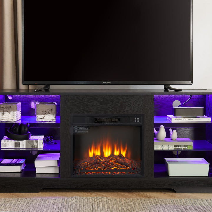 TV Stand Electric Fireplace TV Stand with Glass Shelves, 3D Fireplace TV Stand with LED Lights Wood with USB Charging Outlet Modern Television Table Center for TV up to 32-62" Black 58''W*15.5''D*24.4