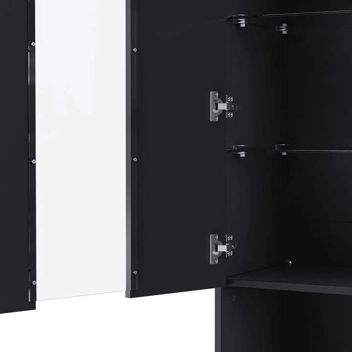 ON-TREND Modern TV Stand with 34.2" Non-heating Electric Fireplace, High Gloss Entertainment Center with LED Lights, Media Console with Tempered Glass Shelves for TVs up to 75", Black