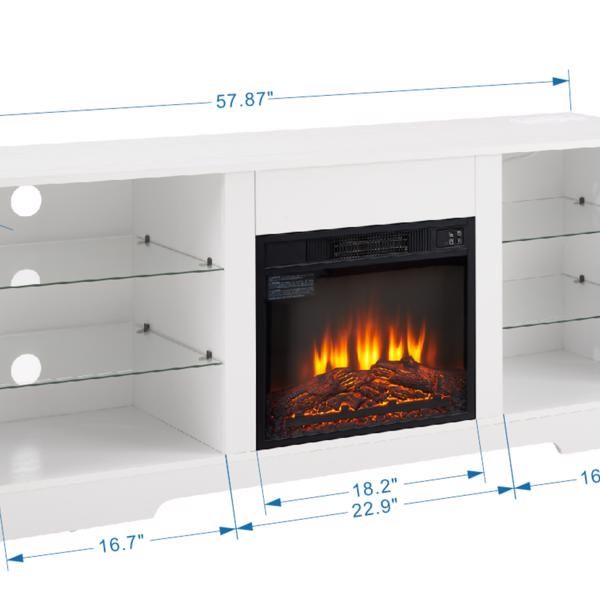 TV Stand Electric Fireplace Glass Shelves, 3D Fireplace TV Stand with LED Lights Wood with USB Charging Outlet Modern Television Table Center for TV up to 62" White, 58''W*15.5''D*24.4