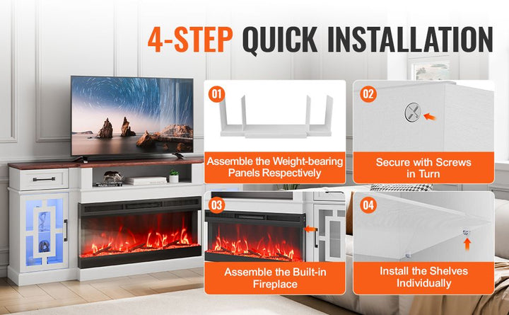 VEVOR 80 in Fireplace TV Stand 20 LED Lights Remote Control & Timer Brown+White