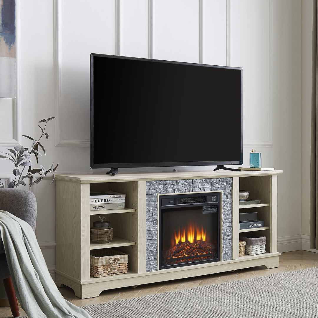 Mantel Electric Fireplace Stone TV Media Stand, Open Storage Modern Entertainment Console Space with 18" Fireplace Insert, White, 58.31"W*15.39"D*26.06"H