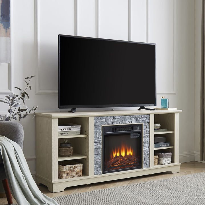 Mantel Electric Fireplace Stone TV Media Stand, Open Storage Modern Entertainment Console Space with 18" Fireplace Insert, White, 58.31"W*15.39"D*26.06"H