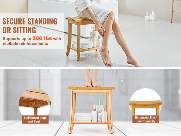 VEVOR Bamboo Shower Bench 19.1 x 11.3 x 18.3 in Shower Stool Chair for Bathroom