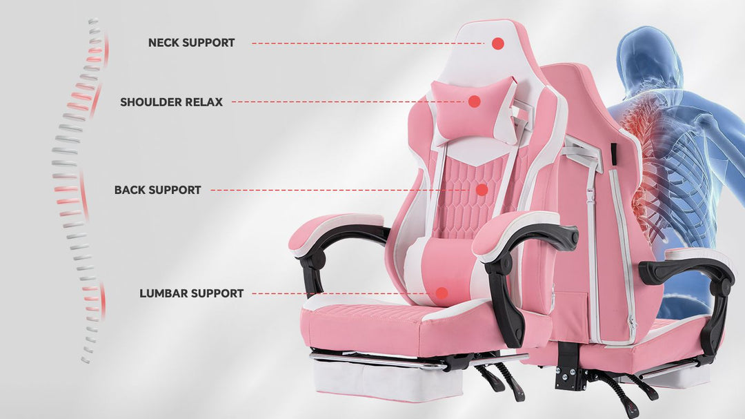 Gaming Chair with Footrest, High Back Gaming Chairs PVC Leather Ergonomic Gamer Chair with Adjustable Headrest Lumbar Support Racing Style Video Gaming Chair for Office/Home (Pink)